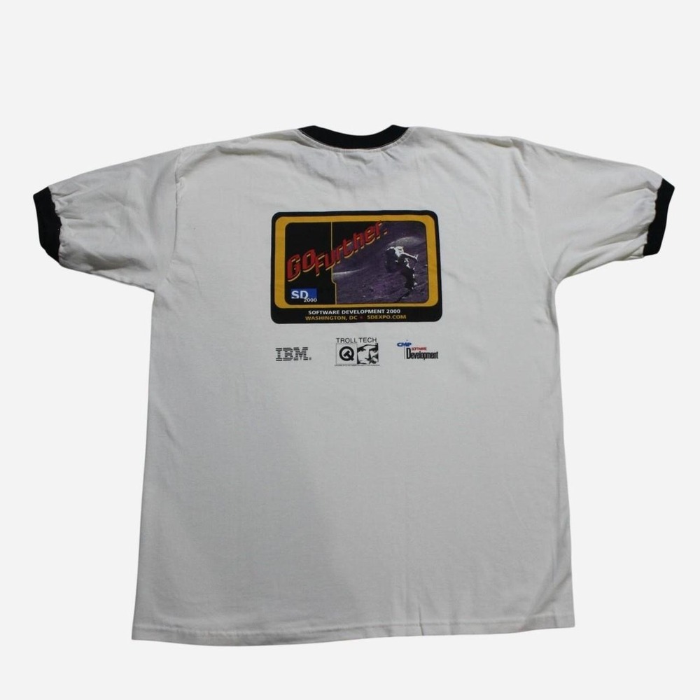 Mens Vintage Y2K 00s Ringer Skater Streetwear IBM Tech Promo White T-shirt